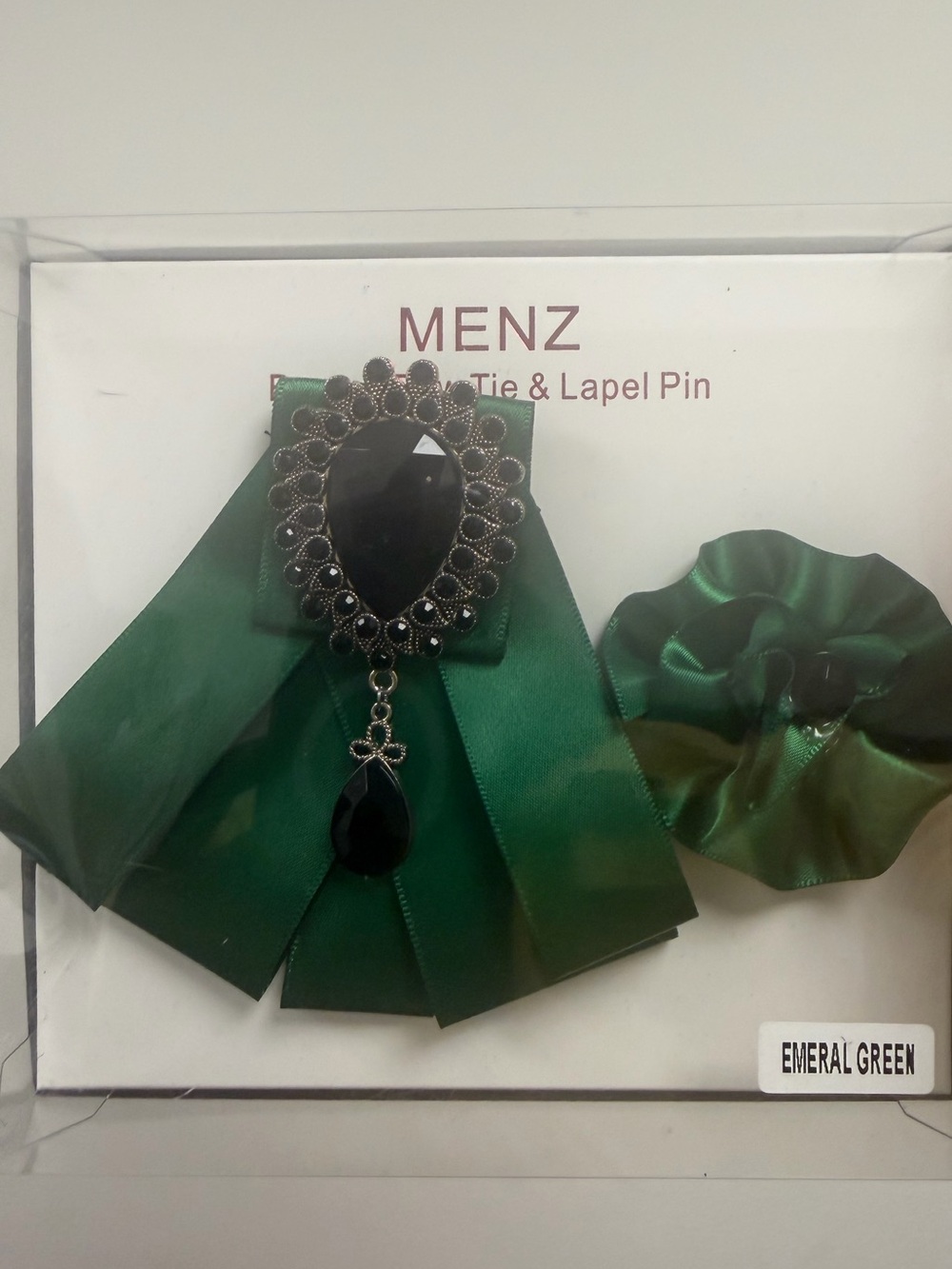 Emerald Green Brooch Bow Tie & Lapel Pin with Black Gem Accent